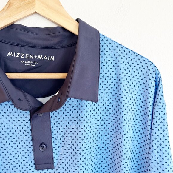 Mizzen + Main Versa Polo Shirt XXL Blue Geo Print Golf Trim Fit Performance - Picture 2 of 7